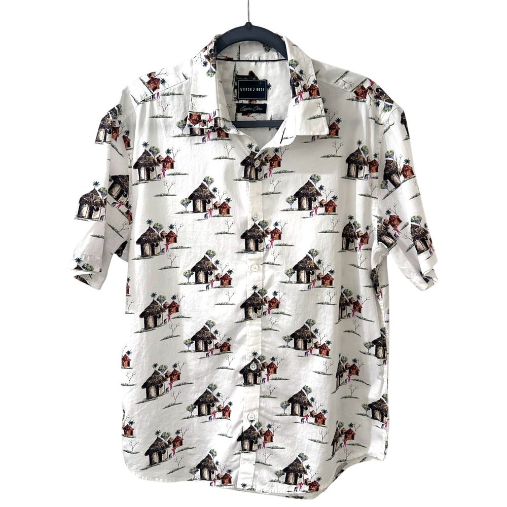 Stitch Note Mens Egyptian Cotton SS Button Down Shirt Novelty Village Hut Large